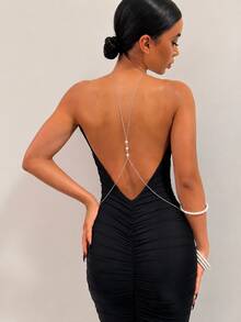1pc Elegant French Sexy Backless Body Chain With Faux Pearl Pendant, Gold Thin Chain Back Chain, Women's Party Evening Dress Eye-Catching Versatile Accessory - Gold - View 3