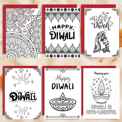 6Pcs Happy Diwali Greeting Cards Set With Envelopes, Festival Of Lights Line Art Blank Blessing Cards For Family Friends, Cultural Holiday Party Decoration & Wishes