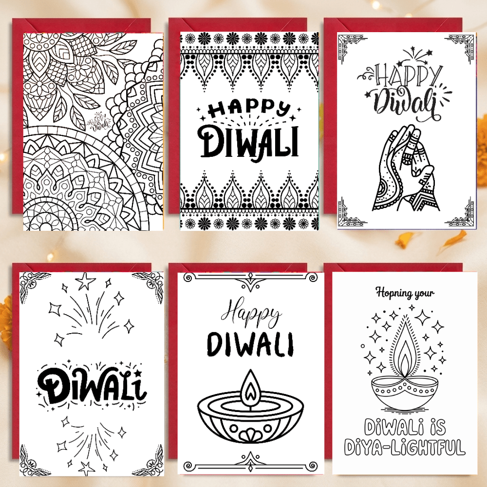 6Pcs Happy Diwali Greeting Cards Set With Envelopes, Festival Of Lights Line Art Blank Blessing Cards For Family Friends, Cultural Holiday Party Decoration & Wishes