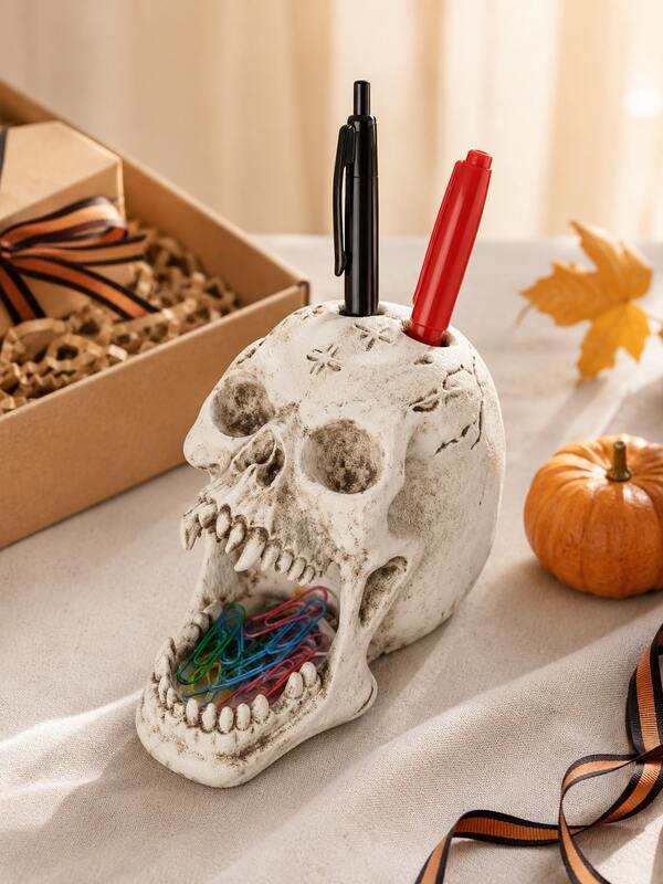 Skull Pen Holder Desktop Ornament, Multi-Function Stationery Storage Statue, Office Desk Paperclip Organizer Accessory, Study Bedroom Window Table Layout Decor, Halloween Gothic Spooky Holiday Workspace Table Decor