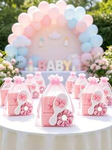 1/6/12sets-Girl's Sweet Bow Style Party Favors: Includes Portable Makeup Mirror, Mini Hair Comb, Hair Scrunchie, Organza Gift Bag - Suitable As Thank You Gifts Or Baby Shower Party Supplies (Basic Bow, Pink) - Multicolor - View 2