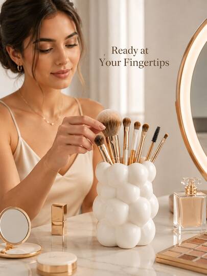 Soporte para brochas de maquillaje blanco con diseño de burbuja, diseño de bola redonda de resina, gran capacidad para brochas y lápices labiales. Decoración estética para tocador, adecuado para escritorio de dormitorio, regalo ideal de vacaciones para almacenamiento de belleza