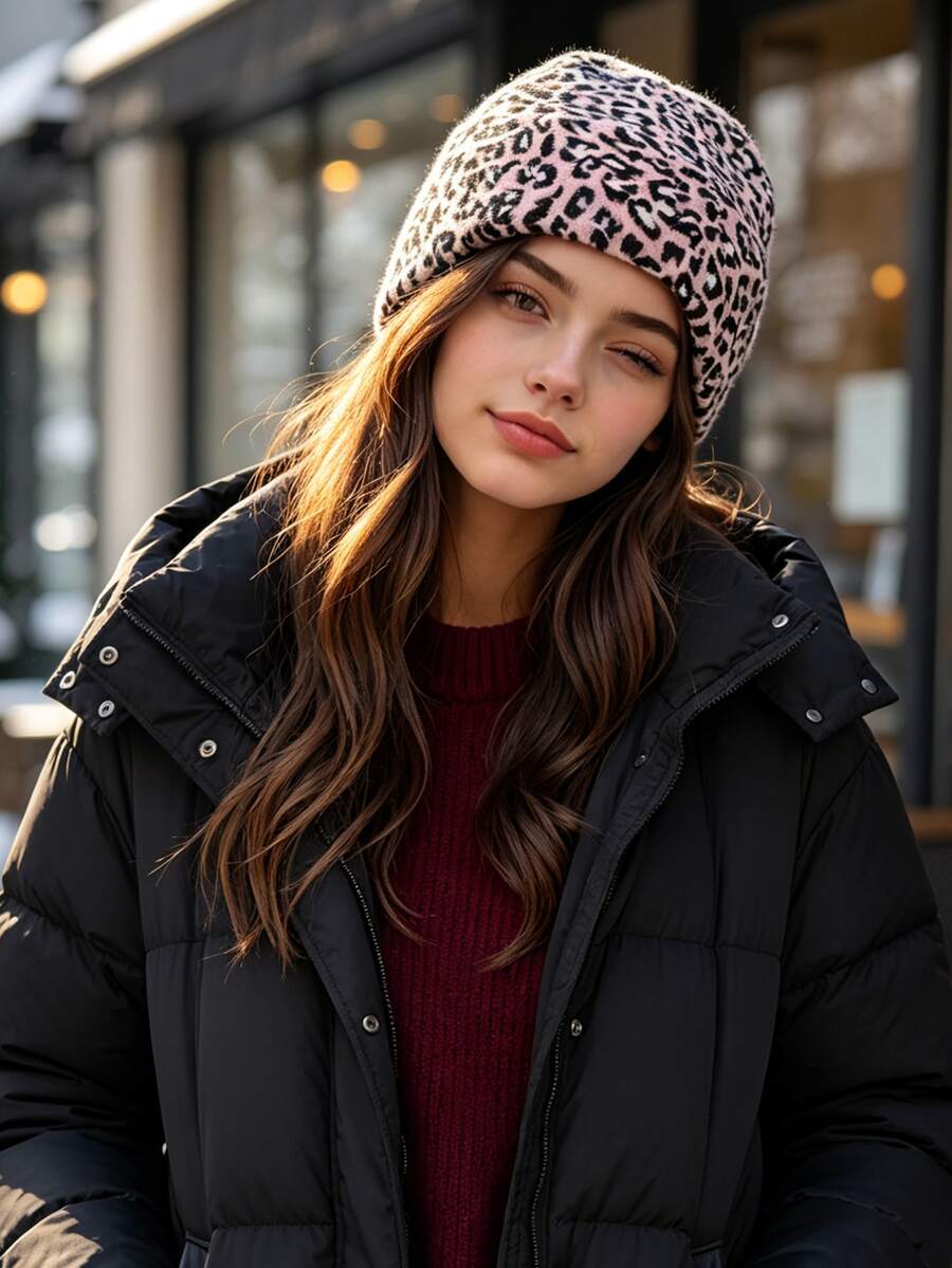 1pc Leopard Print Solid Knit Hat, Windproof, Sun Protection, UV Protection, 3D Texture, Foldable, Fashionable, Versatile, Elegant, Soft & Comfortable, Breathable, Multi-Functional, Flattering, Face-Slimming, Suitable For Beach, Outdoor, Hiking, Cycling - Multicolor - View 1