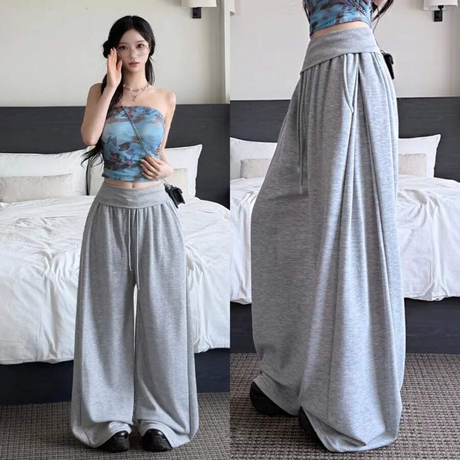 Celana Panjang Wanita Pinggang Tinggi Kaki Lebar Tali Serut Longgar, Celana Panjang Kasual Santai Warna Abu-abu, Musim Semi - Light Grey - View 1