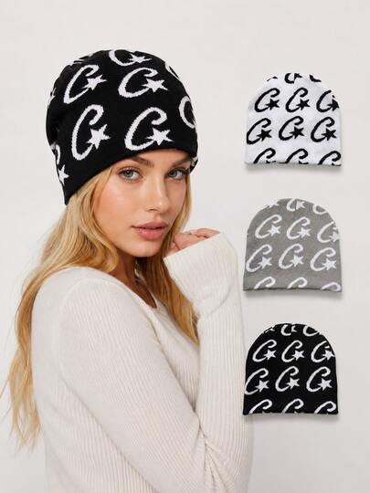 1 pieza Gorro unisex, Gorro de punto con gráfico de letra y estrella de vuelta a la escuela, Gorro de invierno cálido estilo Y2K streetwear para hombres y mujeres