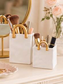 Handbag Shaped Makeup Brush Holder, Single White Resin Cosmetic Storage Box With Gold Handle, Vanity Brush, Lipstick, Eyeliner, Mascara And Makeup Tool Storage Cup, Elegant Vanity Decor - Multicolor - View 2