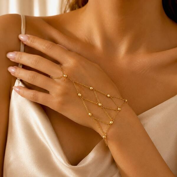 1 pieza Pulsera de cadena de mano con cuentas de tono dorado para mujer, pulsera de anillo de dedo geométrica delicada, joyería de mano elegante y minimalista para fiesta & uso diario