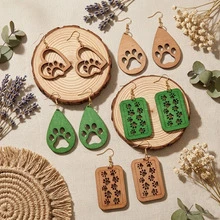 5 Pairs/Sets, Paw Print Heart Water Drop Hollow Wooden Carved Earrings For Women, Bohemian Natural Cute Style, Daily Casual All-Season - Multicolor - View 3