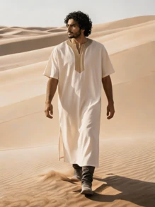 Men's Casual Long Cutout V-Neck Solid Color Soft Woven Fabric Patchwork Embroidered Collar Loose Robe - Apricot - View 1