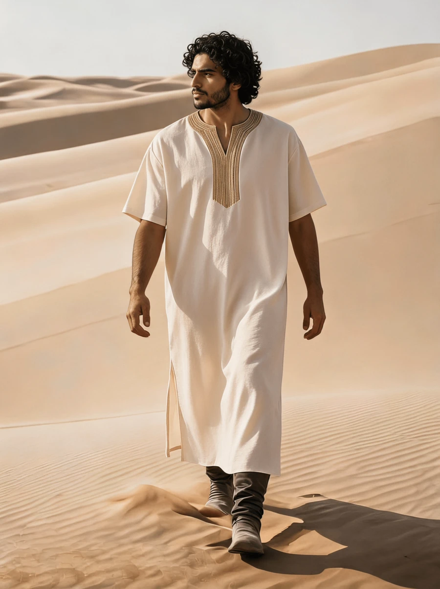 Men's Casual Long Cutout V-Neck Solid Color Soft Woven Fabric Patchwork Embroidered Collar Loose Robe - Apricot - View 1