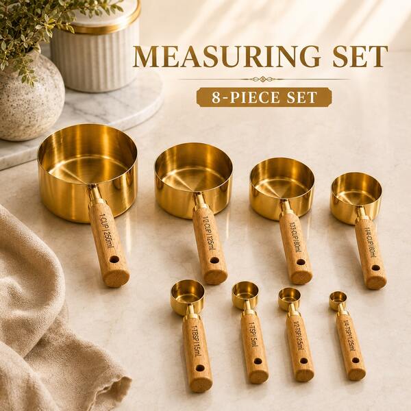8-Piece Gold Measuring Cups And Spoons Set, Stainless Steel Nesting Measuring Cup & Spoon Set With Wooden Handles, Engraved US & Metric Markings For Baking, Cooking, Coffee, Flour, Sugar, Dry And Liquid Ingredients, Housewarming Gift
