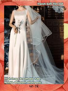 1 Buah Kerudung Pengantin Bertepi Satin, Tulle Lembut, Untuk Pemotretan Pernikahan di Gereja, Aksesori Pengantin Romantis, Dekorasi Pesta Halloween dan Natal - Putih - View 3