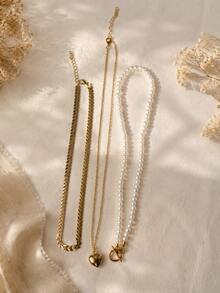 Hegaze 1 Set French Style 3-Layer Stacked Necklace For Women, Gold Snake Chain With Pearl, OT Clasp Chain, Heart Pendant, Multi-Layer Collarbone Chain, Gentle Commute Versatile Neck Accessory - Yellow Gold - View 5