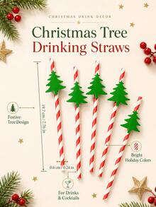 50pcs Christmas Tree Drinking Straws, Red And White Striped Festive Beverage Accessories For Cocktails, Juice And Soda, Holiday Party Family Gathering Table Decor - View 2