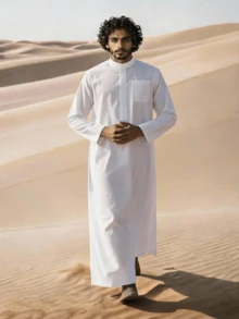男士阿拉伯长袍，长袖立领纽扣设计，传统阿拉伯节日服装 - 白色 - 查看 1
