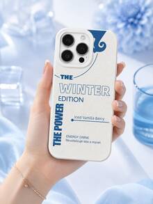 1PC Minimal Typography Phone Case Compatible With Iphone 15 14 13 12 11 Pro Max, Cream White Grain Leather Base Klein Blue "The Winter Edition The Power" Energy Drink Text Abstract Curve Graphic Cream White Frame Shockproof Phone Shell - Beige - View 6