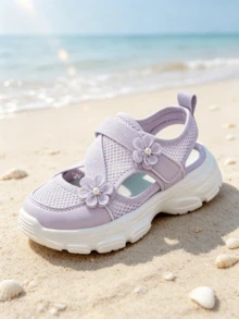2026 Summer Girls' Breathable Mesh Closed-Toe Sports Sandals, Floral Decor Strappy Non-Slip Sole Children's Sports Sandals, Suitable For Beach, Daily, Outdoor, School - Purple - View 4