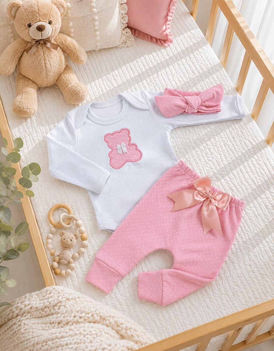 Sempre Bebê Baby Girl Clothing Set Long Sleeve Bodysuit With Pants And Headband Blogueirinha Diva Leopard Kitten Bow Outfit Winter Cold Weather Set - 乾枯玫瑰色 - 查看 1