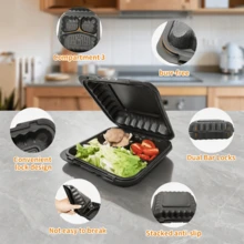 FookmeKag 50/150 Pieces Of 8"/9 Inch Black 3-Layer Portable Food Containers With Double-Layer Lids, Disposable High-Strength Plastic Hinge-Style Lunch Boxes, Suitable For Use In Microwave Ovens And Refrigerators. - 50pcs - 查看 9