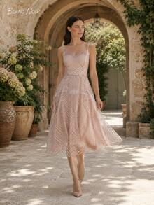 Romantic Pink Geometric Embroidered Mesh Midi Dress - 粉色 - 查看 12