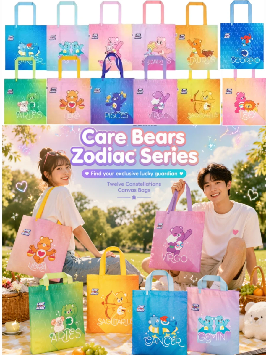 Care Bears 12 Zodiac Signs Canvas Tote Bag, Large Capacity Shoulder Bag, Printed Reusable Shopping Bag, Casual Handbag, Daily Gift