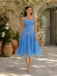 Cornflower Blue Geometric Embroidered Mesh Midi Dress - 藍色 - 查看 12