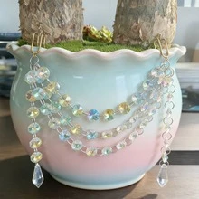 1件金色多層鏈條水晶花盆吊飾，幻彩水晶珠盆栽裝飾鏈，園藝花旗水鑽吊掛鏈 - 掛盆水滴 - 查看 7
