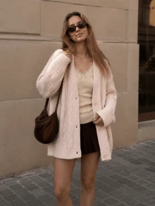 Cardigan Rajut Longgar Kasual Minimalis Wanita Musim Gugur/Dingin Terbaru - Berwarna merah muda - View 1