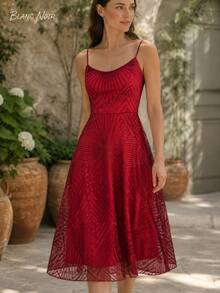 Vestido Midi de Cóctel con Bordado Geométrico Rojo Llamativo - Rojo - Ver 4