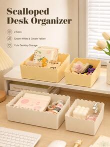 1pc & 2pcs Packs Hot Stackable Wave Edge Desktop Storage Box, Plastic Cosmetic & Stationery Organizer Bin, Household Sundry Container, Office Supplies, Back To School Must-Have - Multiple Styles - View 1