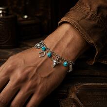 Western Cowboy Style Multi-Pendant Bracelet, Bull Skull, GOOD LUCK Horseshoe, Cowboy Boot, Faux Turquoise Crushed Stone, Distressed Silver Chain Vintage Hand Accessory - Silver - View 7