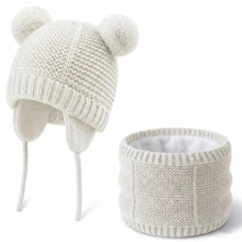 Knitted Baby Hat And Scarf Set, Winter Warm Unisex Toddler Beanie With Warm Lining And Pom Pom - Double Ball Small Earmuffs Two-piece Set - View 20