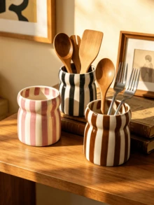 1pc Colorful Striped Kitchen Utensil Holder, Wavy Design Cutlery Organizer Box, Suitable For Spoons, Forks And Chopsticks, Multi-Functional Countertop Storage Cup, Modern Home Decor And Housewarming Gift - Multicolor - View 2