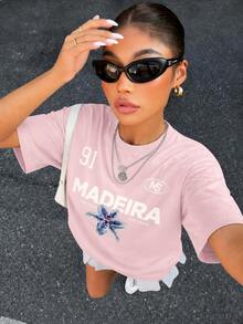 Navy Blue "MADEIRA" Lily Flower & "91" Letter Print Loose T-Shirt - Y2K Street Style Women's Casual Sports Top Vacation Pink Summer - Pink - View 1