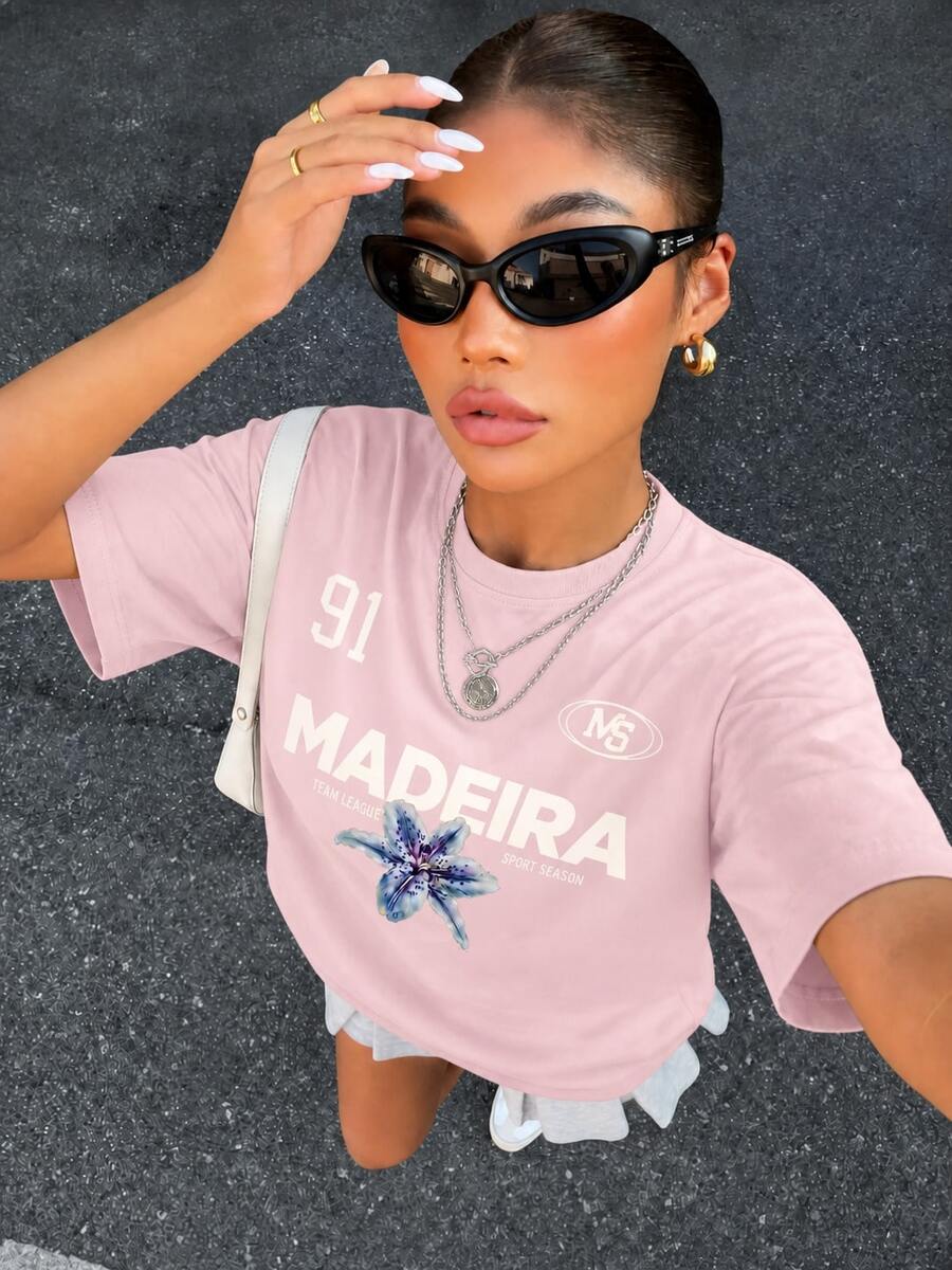 Navy Blue "MADEIRA" Lily Flower & "91" Letter Print Loose T-Shirt - Y2K Street Style Women's Casual Sports Top Vacation Pink Summer - Pink - View 1