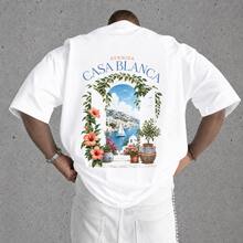 T-Shirt Femme Blanc Coton Oversize Col Rond Manches Courtes Imprimé Fenêtre Fleurie Et Voilier - 樣式1 - 查看 2