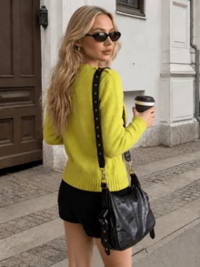 New Autumn/Winter Women's Casual Minimalist Zip-Up Cardigan Knit Sweater - Mustard Yellow - View 3