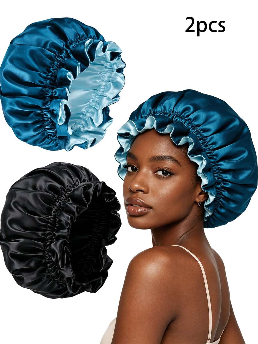 YPGVUO 2Pcs Reversible Ruffled Satin Bonnet Set, Soft Double‑Sided Sleep Caps For Night Hair Care & Home Skincare, Sweet Holiday Gift For Women - Black - View 1