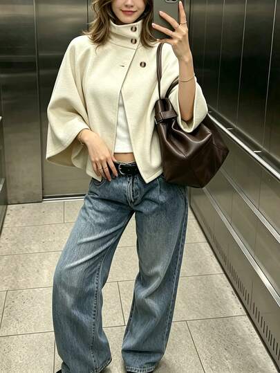 Elegant Sophisticated High-End Chic Minimalist Fashion Batwing Sleeve Belted Tie Waist Stand Collar Jacket, Women's Fall