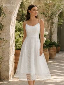 Pure White Geometric Embroidered Mesh A-Line Midi Dress - 白色 - 查看 5