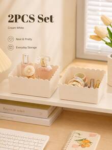 1pc & 2pcs Packs Hot Stackable Wave Edge Desktop Storage Box, Plastic Cosmetic & Stationery Organizer Bin, Household Sundry Container, Office Supplies, Back To School Must-Have - Multiple Styles - View 6