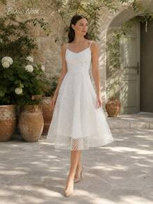 Pure White Geometric Embroidered Mesh A-Line Midi Dress - 白色 - 查看 4