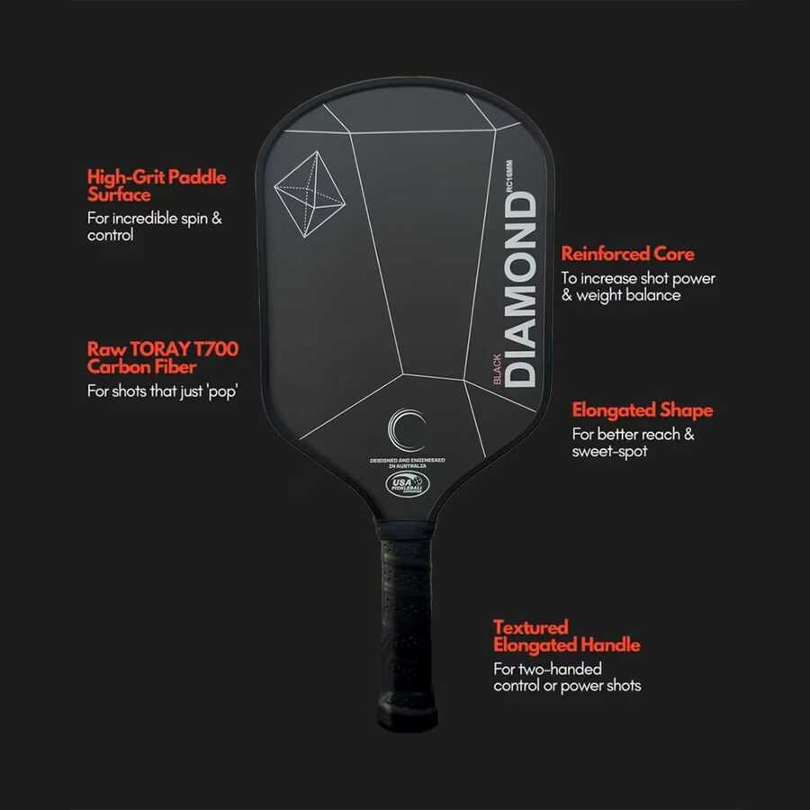 Raket Pickleball Double Black Diamond 16mm, Permukaan Hitam Matte Serat Karbon T700, Performa Putaran yang Baik