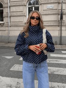 Jaket Kasual Wanita Model Terbaru Musim Semi dengan Tali Serut dan Resleting, Motif Polkadot, dan Kerah Tegak. - Royal Blue - View 4
