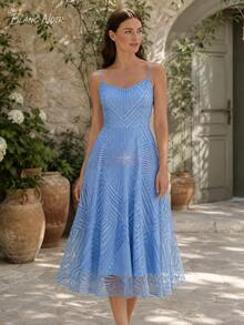 Cornflower Blue Geometric Embroidered Mesh Midi Dress - 藍色 - 查看 5
