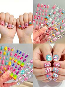 (192pcs, 8 Boxes) Children's Acrylic Full Coverage Glitter Cute Spring/Summer Pineapple, Unicorn, Penguin, Flamingo, Rainbow, Heart Short Press-On Nail Set - Multicolor - View 7