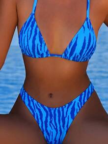 Women's Basic Striped Print Swimsuit, Suitable For Various Occasions From Pool To Beach In Summer, Daily Mini Triangle Bikini Beach Outfit Vacation - Dark Blue - View 1