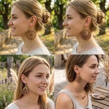 4 Pairs/Set Floral Textured Asymmetrical Hollow Wooden Earrings Set For Women, Vintage Bohemian , Daily Vacation All Season - Brown - View 4