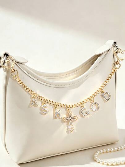 1pc Gold Metal Bag Chain, Rhinestone ASK GOD Letter Pendant With Pearl Inlaid Cross, Y2K Vintage Gothic Style Bag Charm Accessory, Detachable Heart Buckle Bag Pendant, Christian Faith Theme Bag Charm, Fashion Women's Backpack Handbag Decoration, Birthday Holiday Gift For Women