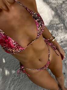 2pcs Leopard Floral Print Sexy Open Back Tie Up Bikini Swimsuit, Bohemian Style, Vacation Beach Wear, Summer - Multicolor - View 1